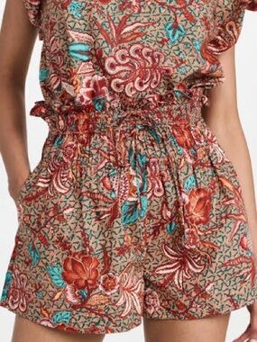Ulla Johnson Rylan Printed Smocked Waist Shorts - Turquoise & Rust